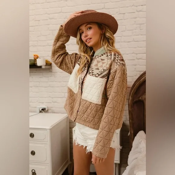 Tan Mixed Aztec Tribal Raw Hem Puffer stitch cotton Quilted Zip Jacket coat - Picture 5 of 8